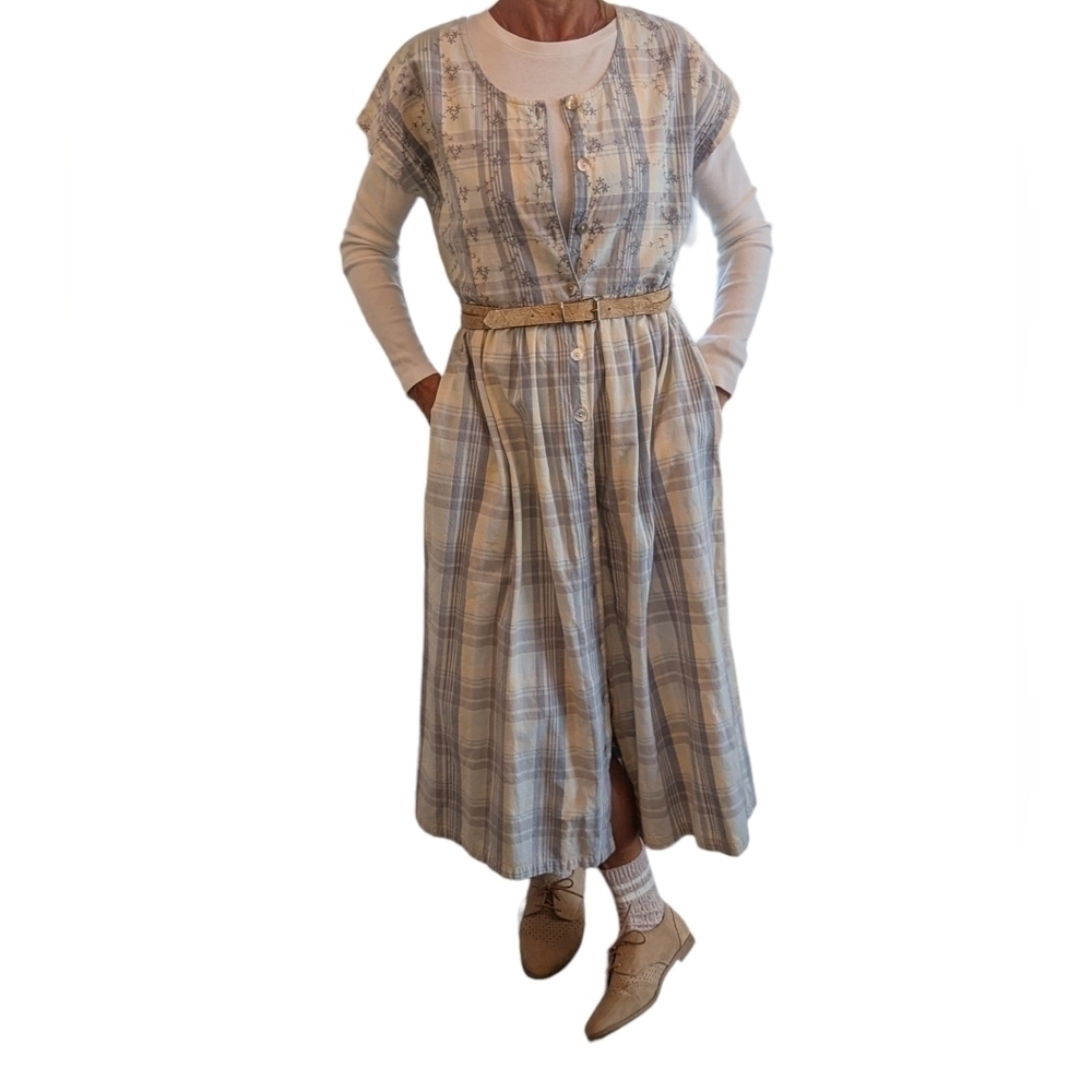 Vintage 90s Amanda Stewart Plaid Embroidered Cotton Midi Dress S